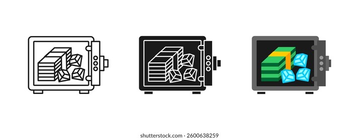 Safe deposit box sign. Vault security vector. Money protection symbol. Bank storage pictogram. Finance safety graphic. Secure wealth lock.
