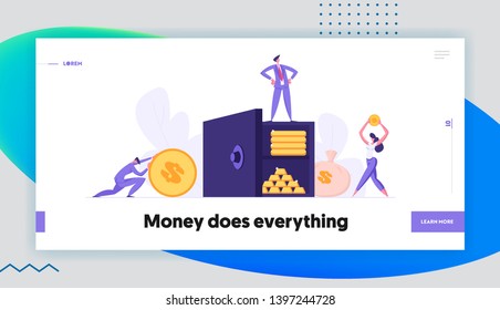 Safe Deposit Box Web Banner Concept with People Collecting Money Savings. Bank Employees, Fund Investment with Characters and Earnings Landing Page. Vector flat cartoon illustration