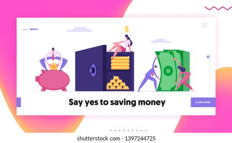 Safe Deposit Box Website Page Concept with People Collecting Money Savings. Bank Employees, Fund Investment with Characters and Earnings Banner Landing Page. Vector flat cartoon illustration