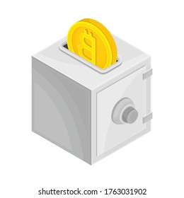 Safe Deposit or Cash Box with Bitcoin Gold Coin as Encryption Protection System Isometric Vector Illustration