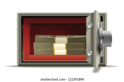Safe deposit cash. Realistic illustration of an open safe with a wad of cash inside.