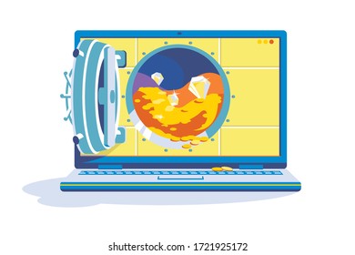 Safe deposit with money and jewelry vector illustration. Open strongbox with golden coins and diamonds on laptop screen flat style design. Online money storage concept. Isolated on white