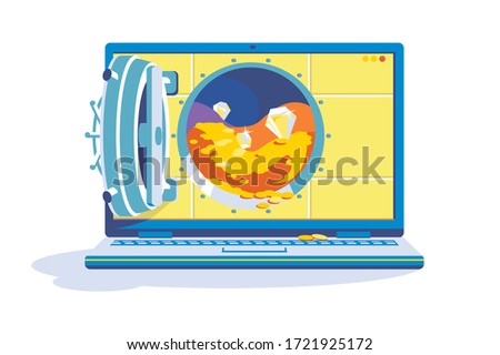 Safe deposit with money and jewelry vector illustration. Open strongbox with golden coins and diamonds on laptop screen flat style design. Online money storage concept. Isolated on white