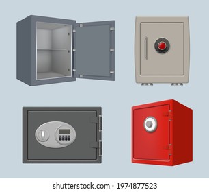 Safe deposit. Security steel box with protection code big bank door locker protect your personal money and treasures decent vector realistic illustratioons