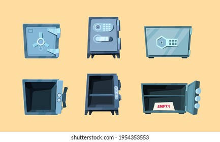 Safe deposit. Steel home for money safeness vault money box garish vector illustrations