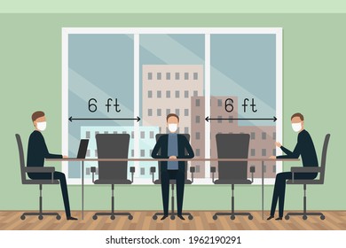 Safe distance 6 ft in office. Quarantine. Vector illustration.