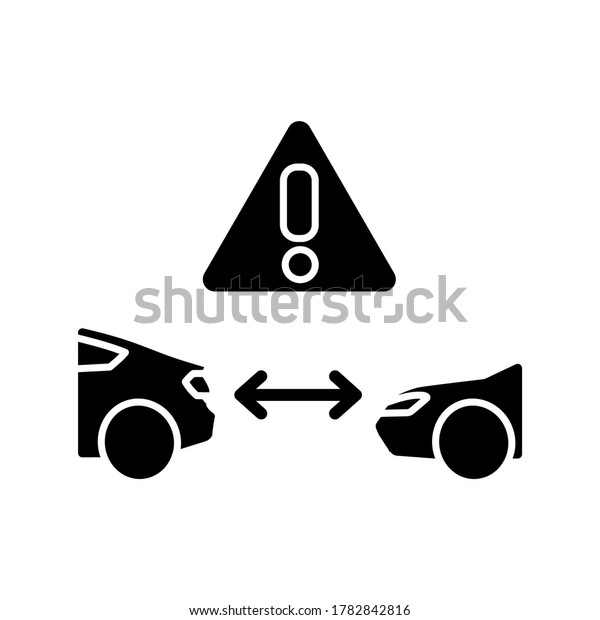 Safe distance between cars black glyph icon.\
Safety driving rule, smart cruise control system silhouette symbol\
on white space. Advice for drivers. Vehicles in proximity vector\
isolated illustration