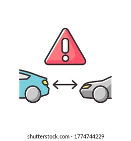 Safe distance between cars RGB color icon. Safety driving rule, smart cruise control system. Advice for drivers. Vehicles in proximity isolated vector illustration