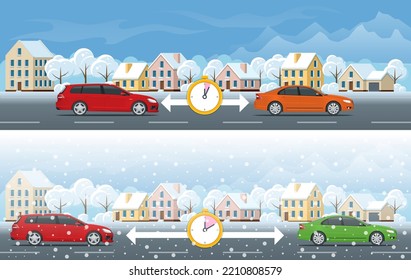 Distancia segura entre los coches en invierno, carretera resbaladiza, nieve o hielo en la carretera. Observar una distancia. El concepto de seguridad y seguridad en las carreteras, cumplimiento de las normas de tráfico.