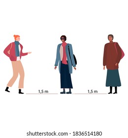 safe distance during quarantine of fashionable women. Young girls in seasonal clothes, coats and jackets, bags and scarves, boots and boots. Glasses and accessories for a modern street style. Vector