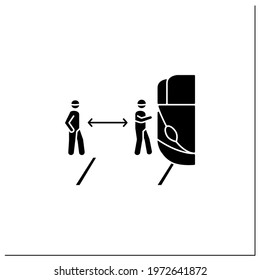 Safe distance glyph icon.Public transport or train carriage getting. Concept of covid infection pandemic precaution instruction,health safety.Filled flat sign. Isolated silhouette vector illustration