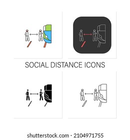 Safe distance icons set.Public transport or train carriage getting.Covid infection pandemic precaution instruction.Collection of icons in linear, filled, color styles.Isolated vector illustrations