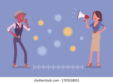 Safe distance as protection measure against virus. Man and woman speaking far away with megaphone, following protect advices to prevent the spread of disease. Vector flat style cartoon illustration