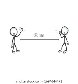 Regla de distancia segura durante la cuarentena de virus. Dibujado a mano. Caricatura de Stickman. Dibujo de Doodle, ilustración vectorial