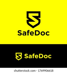 Safe Documents logo. Black letter like shield. S monogram. Emblem of antivirus or protection system. Business card.