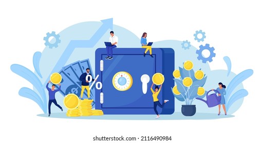 Safe with dollar banknotes, coins in deposit box. Business people investing money on bank account. Cash protection, savings in moneybox. Financial saving insurance concept. Vector illustration