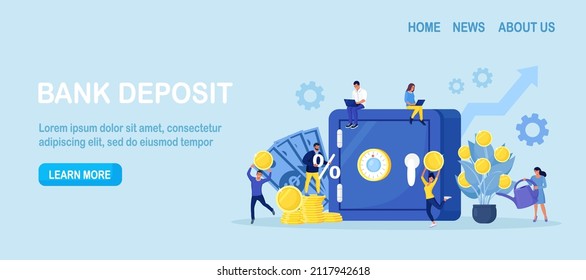 Safe with dollar banknotes, coins in deposit box. Business people investing money on bank account. Cash protection, savings in moneybox. Financial saving insurance concept. Vector illustration