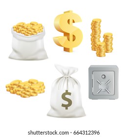 Safe, dollar sign, gold coin and moneybag. vector icon set