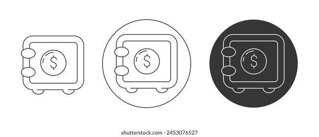 Safe with dollar sign. Vector icon set, editable stroke. Flat line, pictogram. Finance and business concept. For app, website, ui. Isolated background.