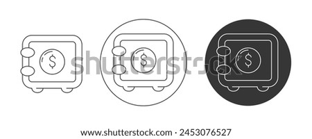 Safe with dollar sign. Vector icon set, editable stroke. Flat line, pictogram. Finance and business concept. For app, website, ui. Isolated background.