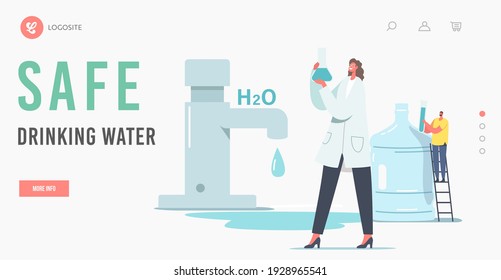 Safe Drinking Water Landing Page Template. Tiny Scientist Female Character Hold Beaker Research Water In Laboratory. Tiny Man At Huge Plastic Bottle And Testing Sample. Cartoon Vector Illustration