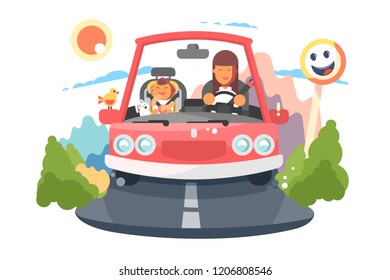 Safe driving mother with baby children car trip. Happy family traveling concept. Flat. Vector illustration.