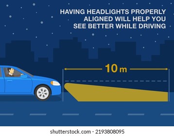 Safe driving at night. Using low and high beam headlights tips. Having headlights properly aligned will help you see better while driving. Flat vector illustration template. 