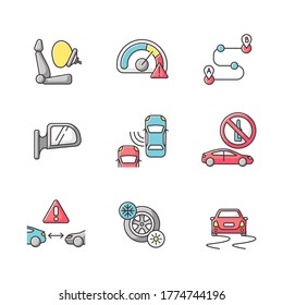 Safe Driving RGB Color Icons Set. Car Travel Risks Warning, Driver Precautions. Traffic Regulations And Security Measures On Roads. Isolated Vector Illustrations