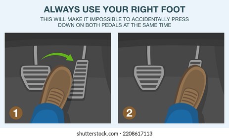 Safe driving rules and tips. Always use your right foot, avoiding accidentially press down on both pedals at the same time. Male foot changes pedal from brake to accelerate. Flat vector illustration.