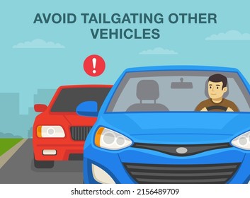 Safe driving rules and tips. Avoid tailgating other vehicles. Young male driver looking at rear mirror while driving a car. Flat vector illustration template.