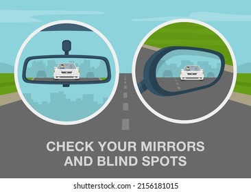 Safe driving rules and tips. Check your mirrors and blind spots. Close-up view of a vehicle wing nd rear mirrors. Back view. Flat vector illustration template.