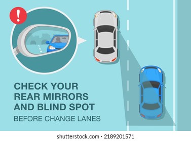 Safe driving rules and tips. Check your mirrors and blind spot before change lanes. Close-up view of a vehicle wing mirror. Top view. Flat vector illustration template. svg
