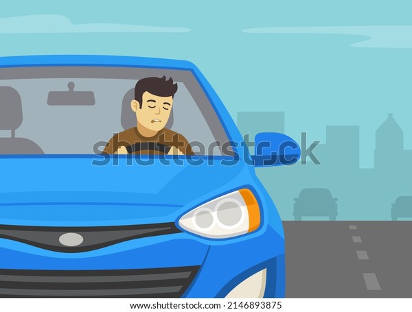 Safe driving rules and\
tips. Close-up front view of a drowsy driver on city road. Young\
male character driving a blue sedan car. Flat vector illustration\
template.