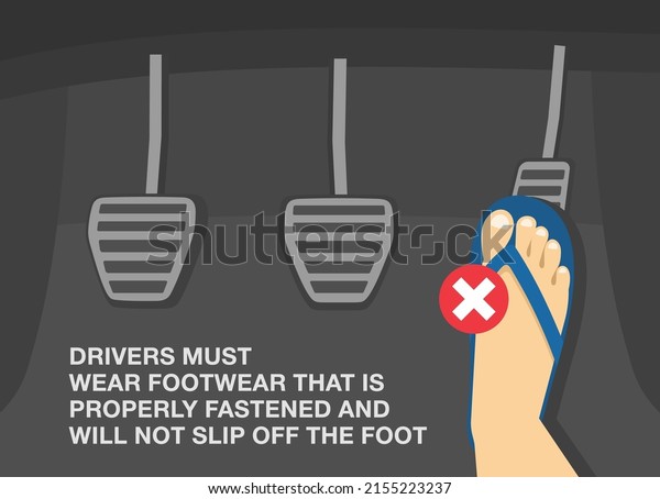 Safe driving rules and tips. Drivers must wear\
footwear that is properly fastened and will not slip off the foot.\
Male feet wearing flip flop on gas pedal. Flat vector illustration\
template.