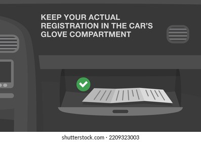 Safe driving rules and tips. Keep your actual registration in the car's glove compartment. Close-up of car dashboard with opened glove compartment. Flat vector illustration template.