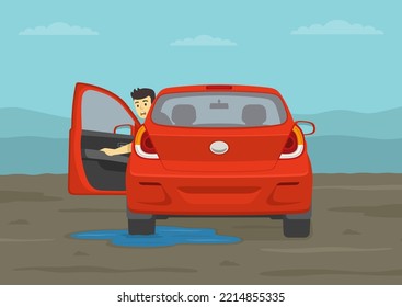 Safe driving rules and tips in mud. Red car gets stuck. Back view of a suv. Scared male driver opens car door and looks back. Flat vector illustration template.