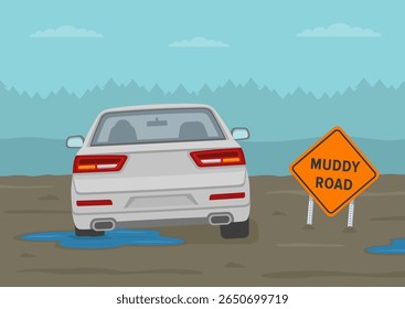 Regras de condução segura e dicas na lama. O carro branco fica preso em uma estrada rural. Vista traseira. Área da placa "Estrada enlameada". Modelo de ilustração de vetor plano.