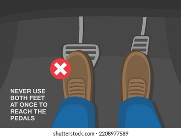 Safe driving rules and tips. Never use both feet at once to reach the pedals. Male character places feet on brake and accelerator pedals at the same time. Flat vector illustration template.