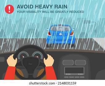 Safe driving rules and tips. Driving on a rainy and slippery road. Avoid heavy rain, your visibility will be greatly reduced. Hands driving steering wheel. Flat vector illustration template.