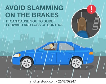 Safe driving rules and tips. Driving on a rainy and slippery road. Avoid slamming on the brakes, it can cause you to slide forward and loss control. Flat vector illustration template.