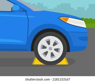 Safe driving rules and tips. Proper wheel chocking procedures. Correct wheel block placement on level grade. Close-up view of a front tire chocked from both sides. Flat vector illustration template. svg