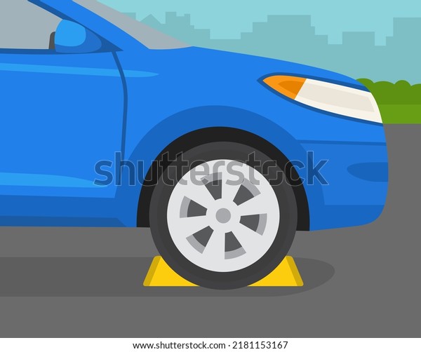 Safe driving rules and tips. Proper wheel\
chocking procedures. Correct wheel block placement on level grade.\
Close-up view of a front tire chocked from both sides. Flat vector\
illustration template.