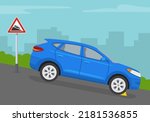 Safe driving rules and tips. "Steep descent" warning sign and wheel block placement on downhill grade. Flat vector illustration template.