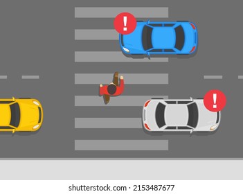 Safe driving rules and tips. Traffic regulation on pedestrian crossing. Hidden pedestrian about to be hit by car on crosswalk. Cars should stop at crosswalks. Flat vector illustration template.