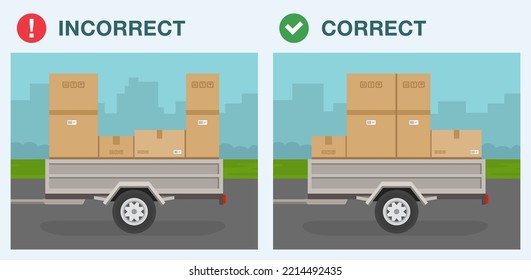 Sichere Fahrtipps. Fahrzeug mit Last auf einem Anhänger. Richtige und unrichtige ausgewogene Ladung. Anhänger mit Kartonboxen. Flache Vektorgrafik-Vorlage.