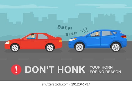 Safe driving tips and rules. Aggressive and angry suv car driver is honking horn for no reason. Side view of a city street. Flat vector illustration template.