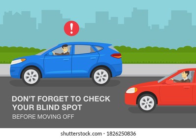 Safe driving tips and rules. Blue suv car is about to start moving. Don't forget to check your blind spot or twilight zone before moving off warning poster. Flat vector illustration template.