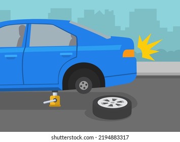 Safe Driving Tips And Rules. Broken Blue Car On A City Road. Changing Flat Tire Using Car Jack. Flat Vector Illustration Template.