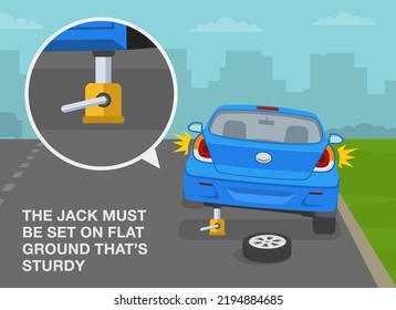 Safe driving tips and rules. Broken blue car on a country road. Changing flat tire using car jack. The jack must be set on flat ground that's sturdy. Flat vector illustration template.