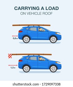 Safe driving tips and rules. Carrying a load on a vehicle roof infographic. Suv car with timber. Flat vector illustration template.